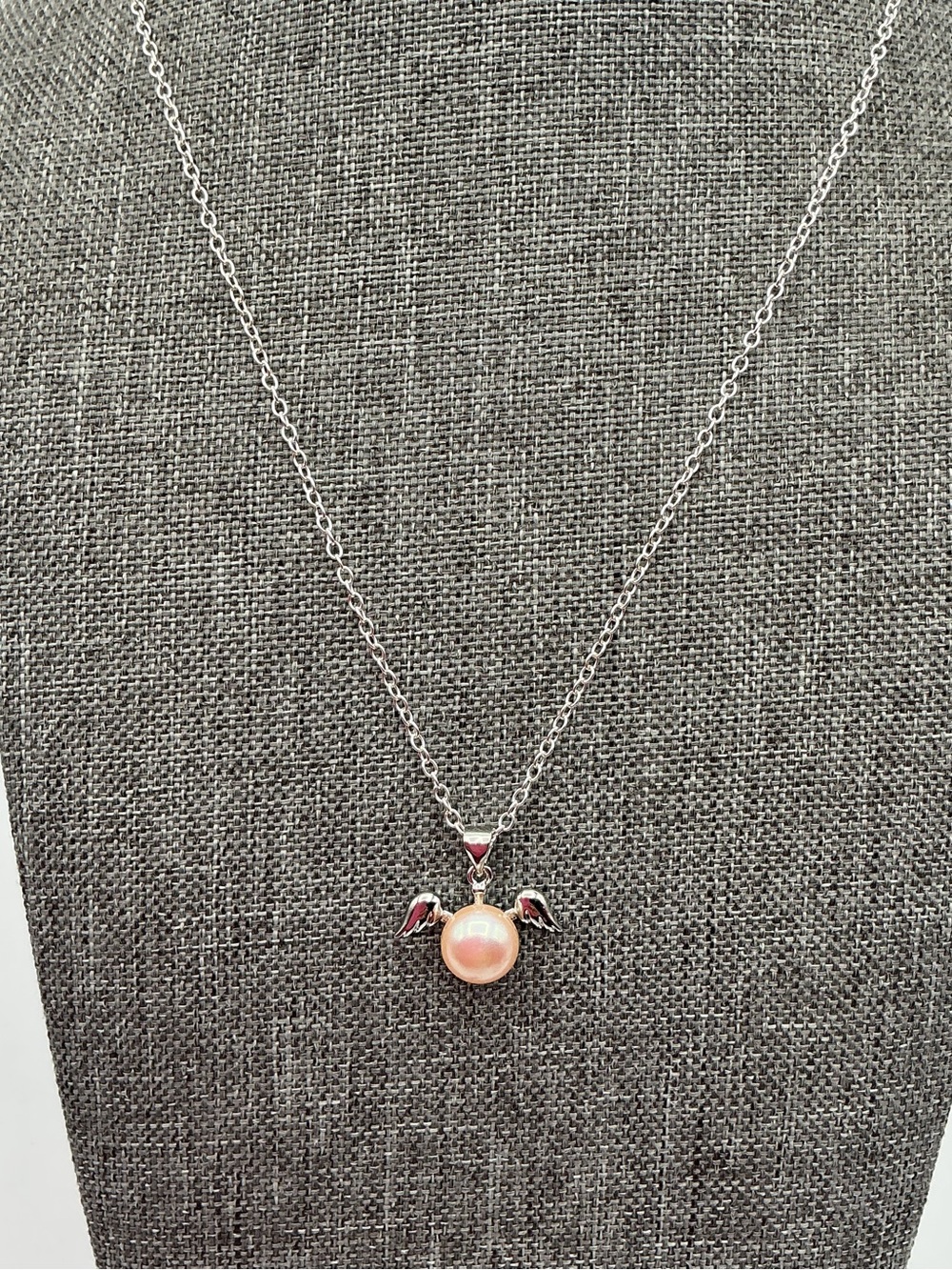 Silver Tone Necklace with Pink Pearl Angel Wing Pendant